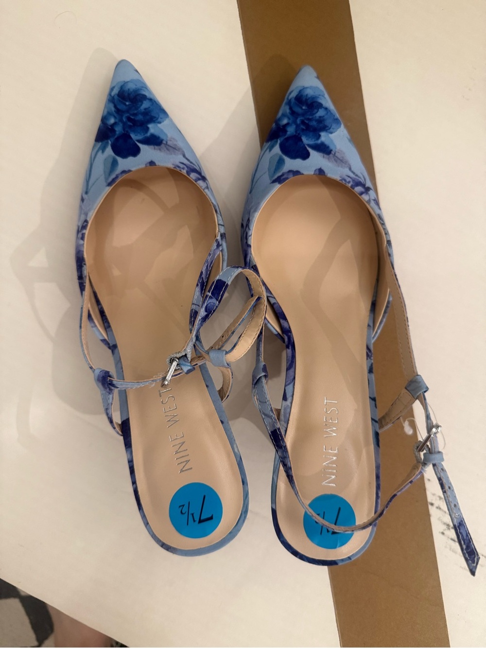 Nine West Blue Floral Pointed-Toe Slingback kitten heels
